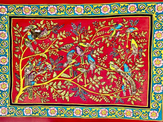 Oiseaux, arbre fond rouge C17 (136x96) - Kalamkari