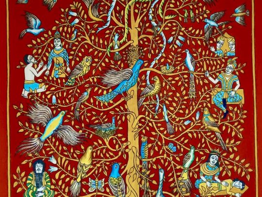 Arbre et oiseaux fond rouge 2-C4 (103x73) - Kalamkari