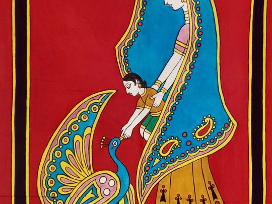 Maman, son bébé et paon F23 (75x54) - Kalamkari
