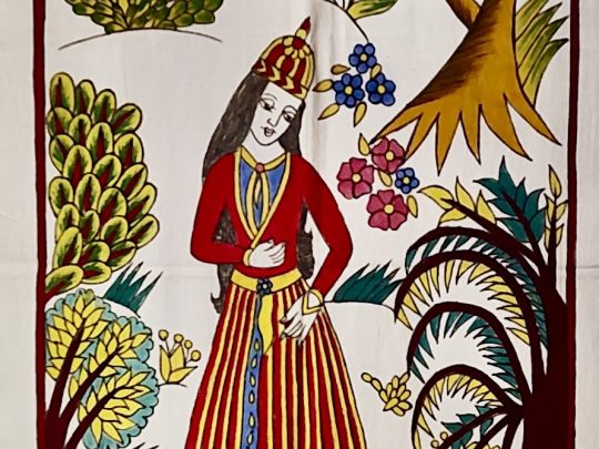 Femme, arbre et château F26a (136x45) - Kalamkari