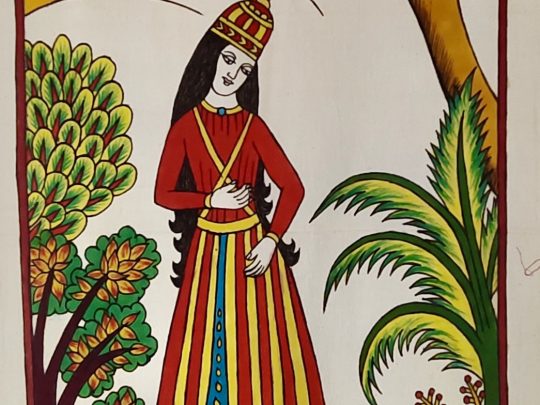 Femme, arbre et château F26b (136x45) - Kalamkari