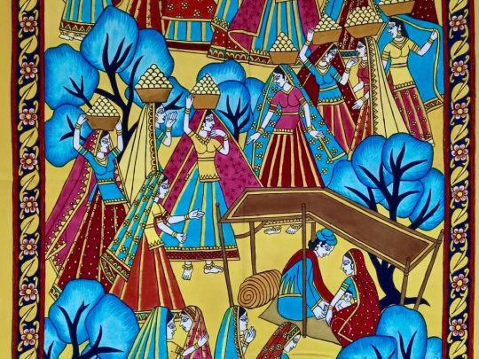 Femme scène fond jaune F5 (99x68) - Kalamkari