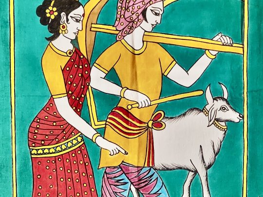 Paysans fond vert IA5 (68x45) - Kalamkari