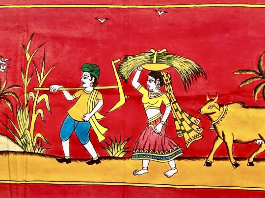 Paysans fond rouge IA6 (84×51) – Kalamkari