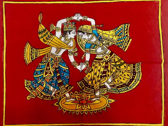 Krishna et Radha fond rouge K11a (51x43) - Kalamkari