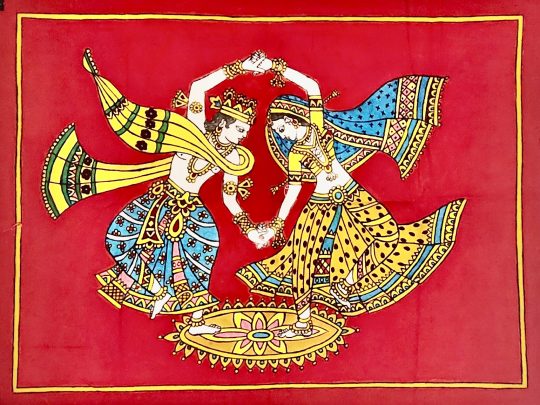 Krishna et Radha fond rouge K11c (72x56) - Kalamkari