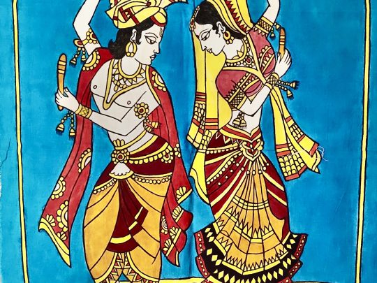 Krishna et Radha fond bleu K13 (73x52) - Kalamkari