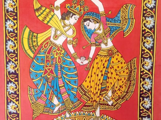 Krishna et Radha fond rouge K14 (73x52) - Kalamkari