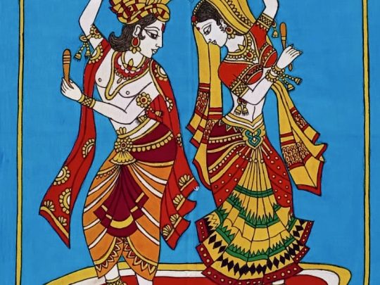 Krishna et Radha fond bleu K5 (73x53) - Kalamkari