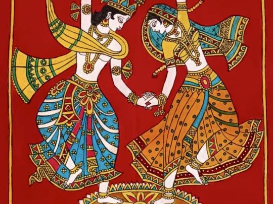 Krishna et Radha fond rouge K6a (66x50) - Kalamkari