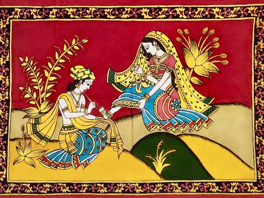 Krishna et Radha fond rouge K6b (92x67) - Kalamkari