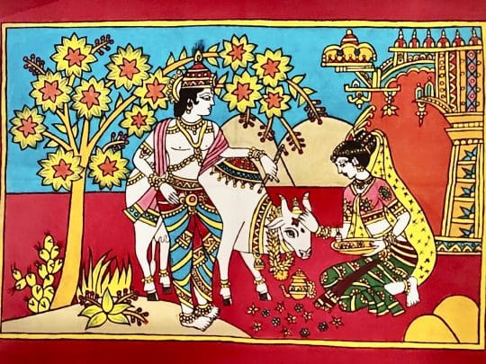 Shiva, Nandi et Parvati fond rouge V9 (61x44) - Kalamkari